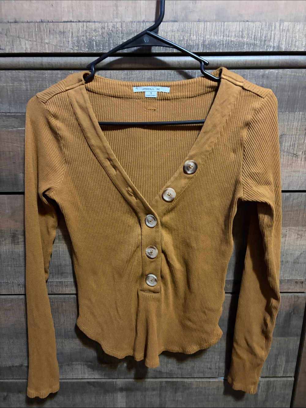 O'Neill Ribbed Asymmetric Button V-Neck Long Sleeve Top - Mustard
